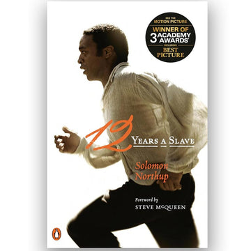 Book cover of '12 Years a Slave' with a silhouette of a man running, featuring the author's name and a award badge. movie tie-in book